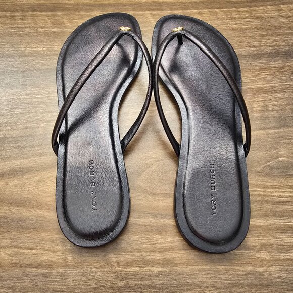 Tory Burch Chelsea Leather Thong Flat Sandals Flip Flop Safari Crystal Black 8 - Picture 6 of 8
